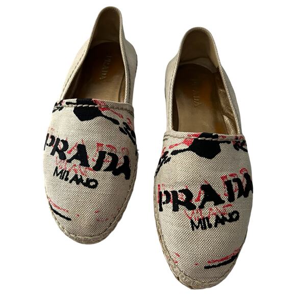 PRADA Embroidered Logo Canvas Espadrille EU 38 US 8 Beige Slip On Flats - Picture 1 of 12